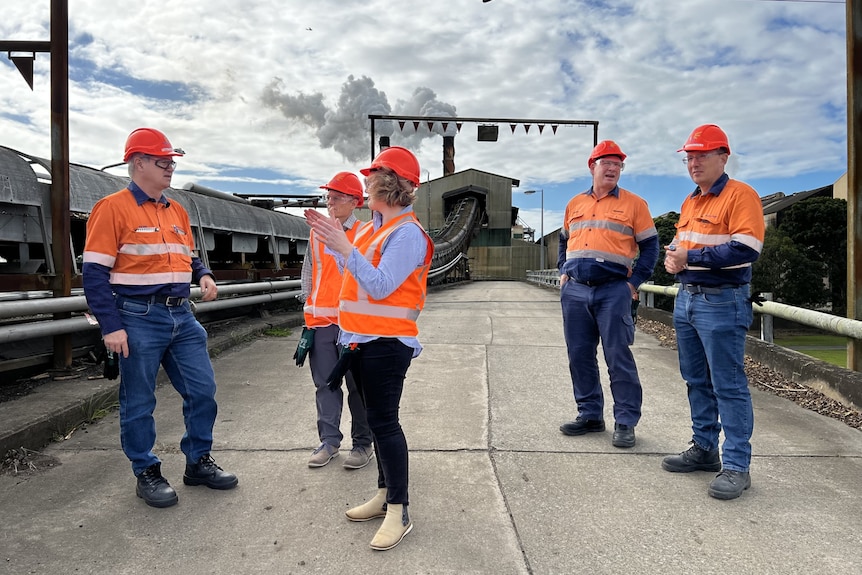 A woman stands talking with four men at a sugar cane mill, all in high-viz.