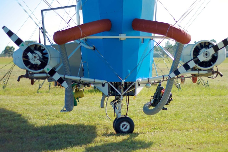 The blimp is pushed along by twin engines