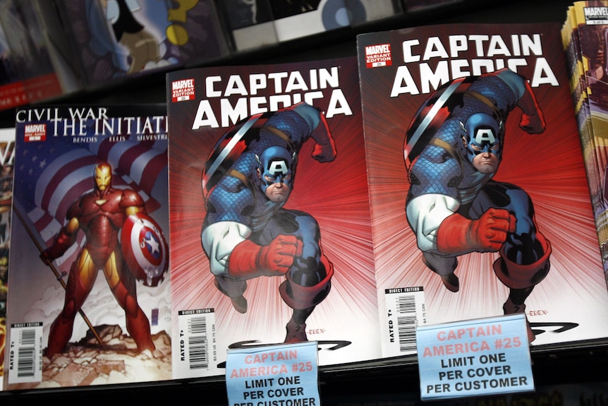 Posters of 'Captain America' and a large action figure.