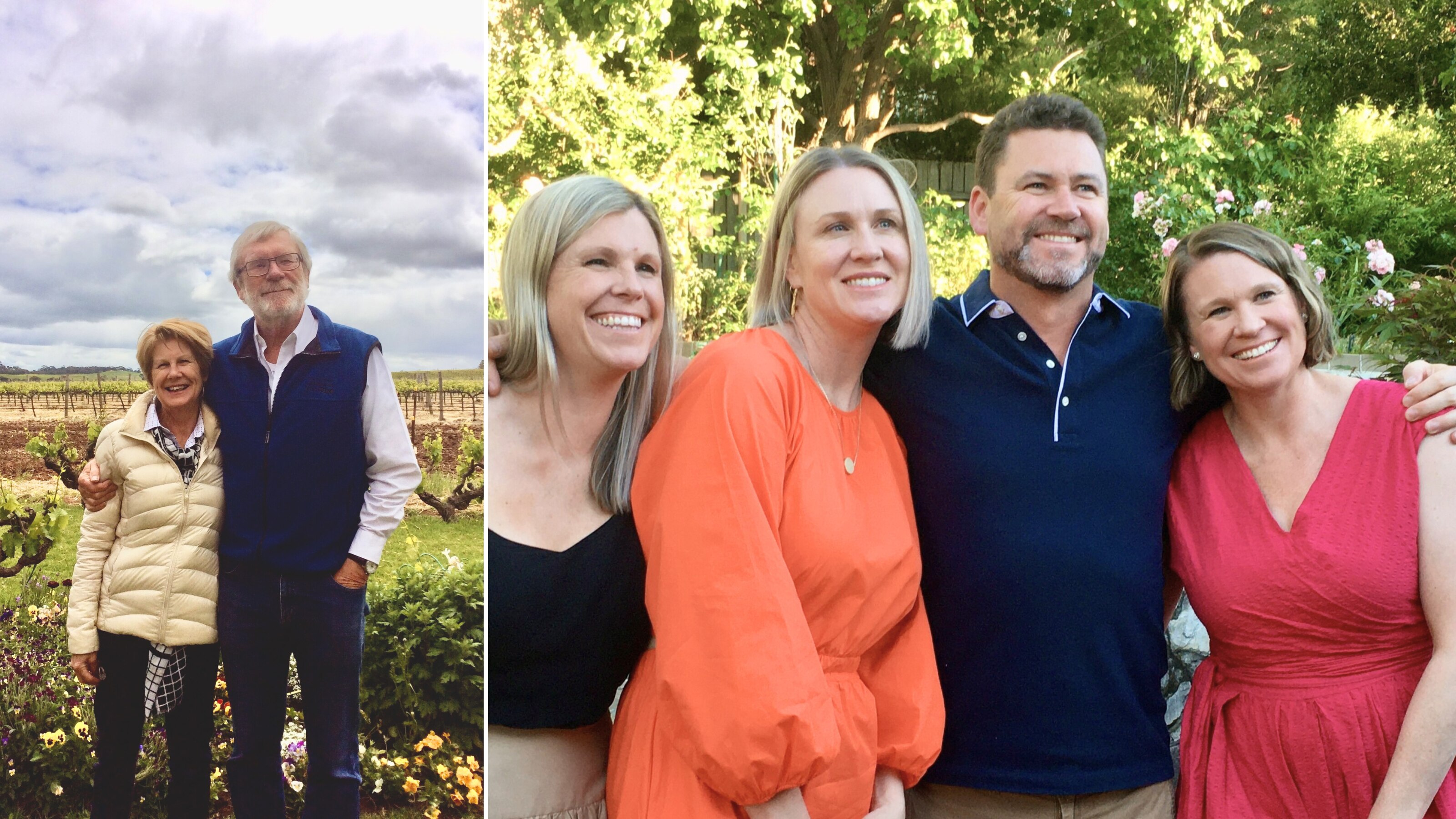 1970s photo of woman with baby on lap. Current photo of three women and a man singing