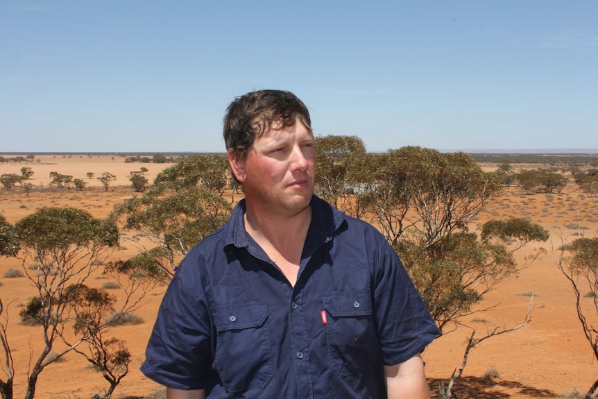 Farmer looking into the distance over dry-looking country.