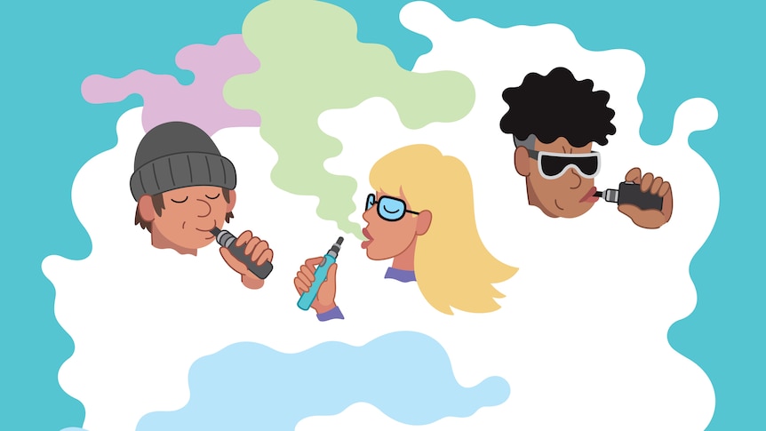 Illustration of a group of young people smoking e-cigarettes