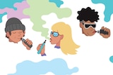Illustration of a group of young people smoking e-cigarettes