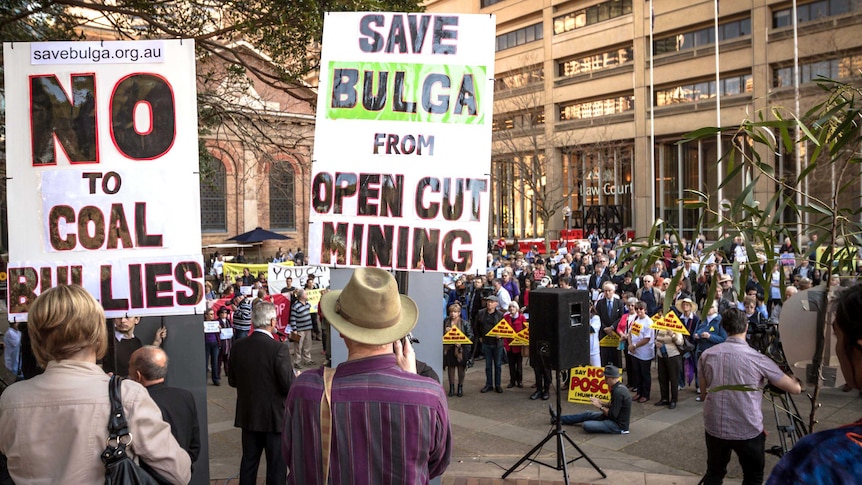 Protesters rally outside the Supreme Court against a proposed Rio Tinto mine expansion near Bulga.