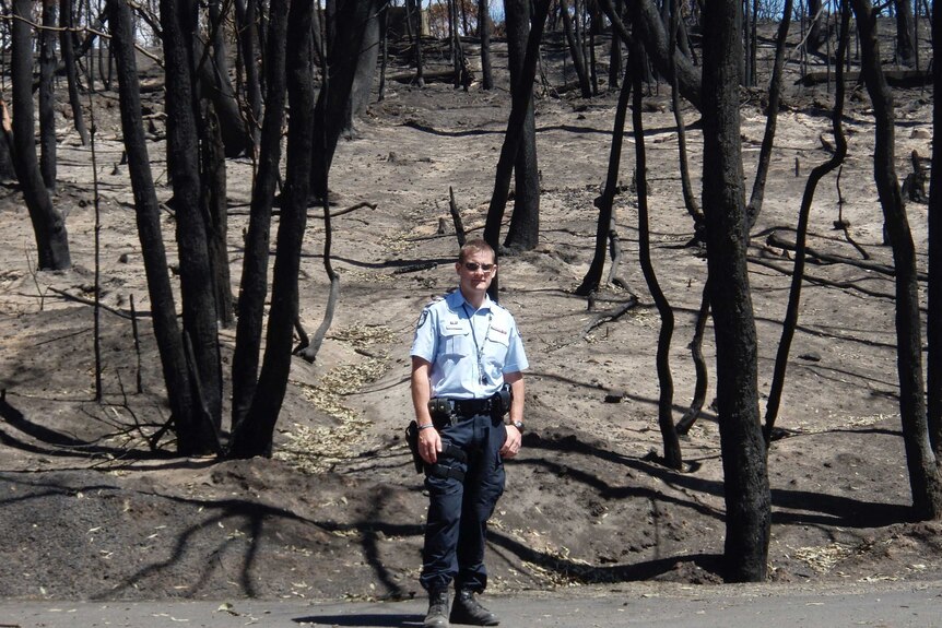 Police officer Rob Atkins stands among burnt trees after the Black Saturday bushfires