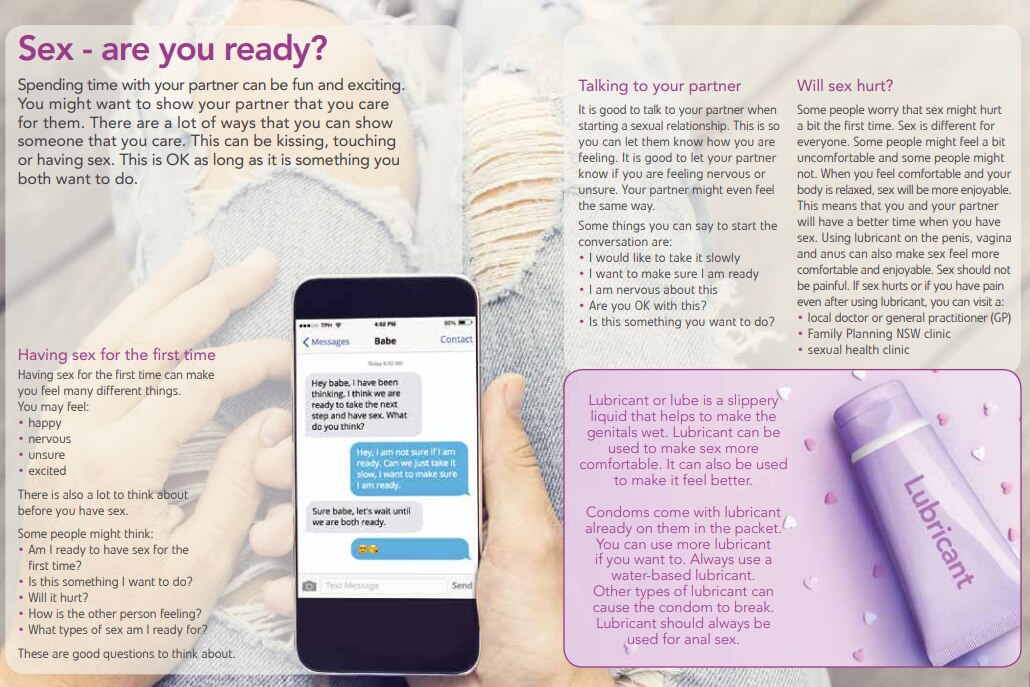 Page from Family planning NSW booklet titled 'Sex - are you ready?' with text explaining consent, lubricant, pain and sex, etc.