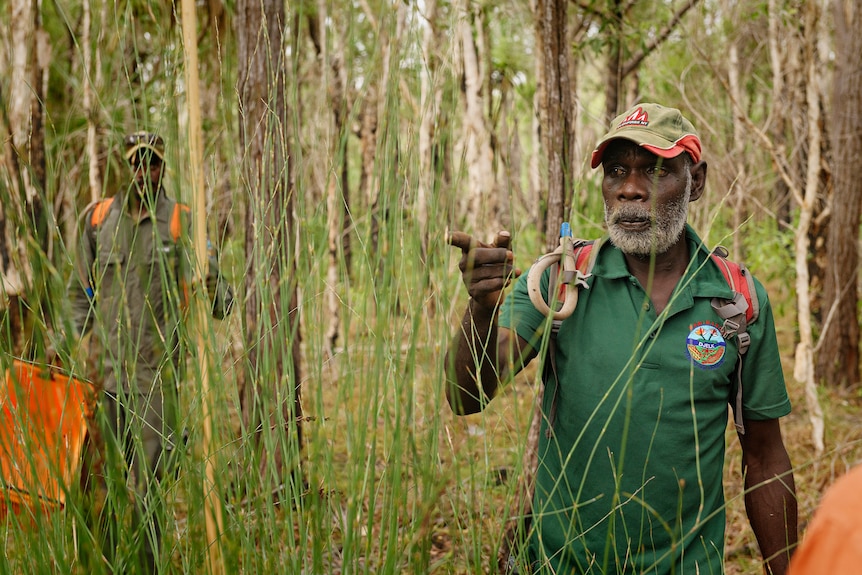 Greg Wilson points his finger while at a crocodile egg nest.