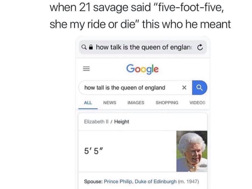 A Google search image for how tall is the Queen, with a picture of the Queen and her height as the result