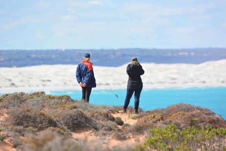 A man and a woman stand on a dune looking out across a huge bay.