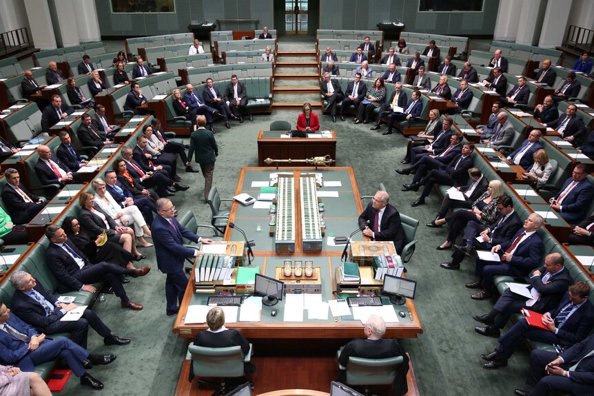 Politicians sit in their seats throughout the green House of Representatives chamber.
