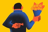 Illustration of person holding flowers, fingers crossed behind back for a story on insincere kindness