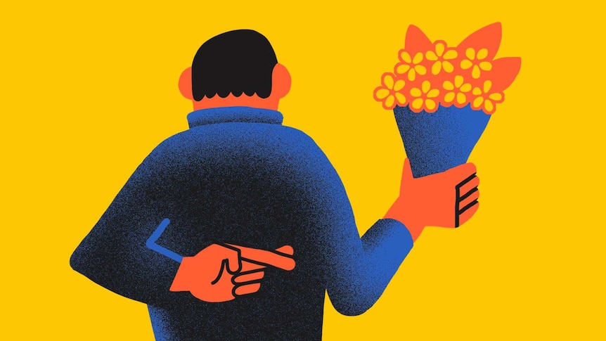 Illustration of person holding flowers, fingers crossed behind back for a story on insincere kindness