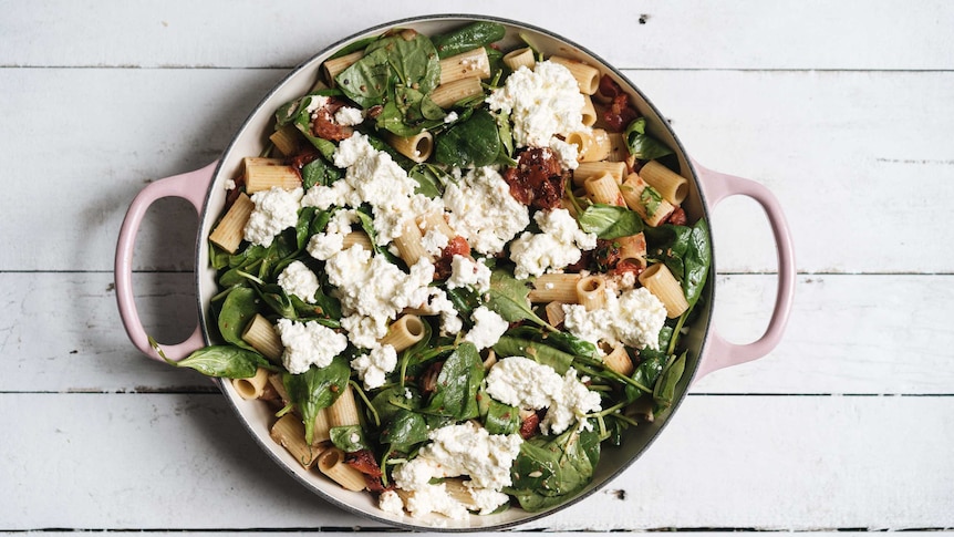 Pasta bake with spinach, ricotta and tomato sauce uncooked for Hetty McKinnon recipe