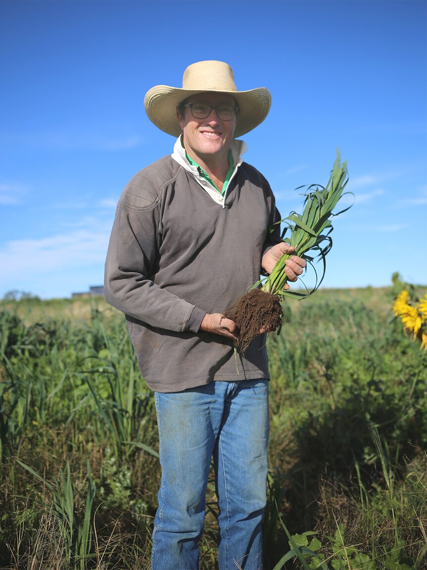 Justin Kirkby standing in a paddock holding a plant and roots.