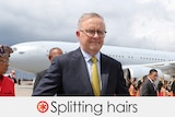 Anthony Albanese is in front of an aeroplane and wears a suit. VERDICT: Splitting hairs