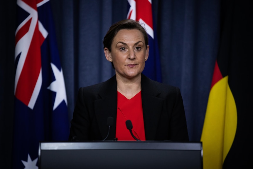 Amber-Jade Sanderson stands at a podium with flags in the background.