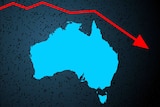 An Australian map with a downward pointing arrow.