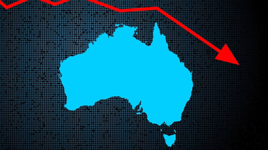 An Australian map with a downward pointing arrow.