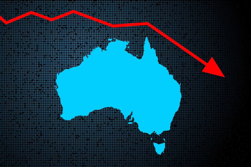 Image of and Australian map with a downward facing arrow.