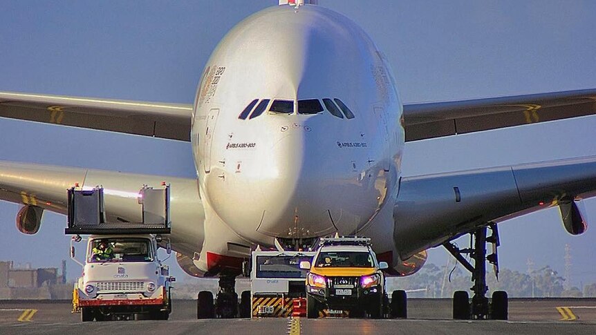 An A380 gets a tow at Melbourne Airport.