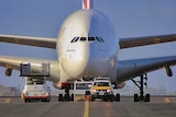 An A380 gets a tow at Melbourne Airport.