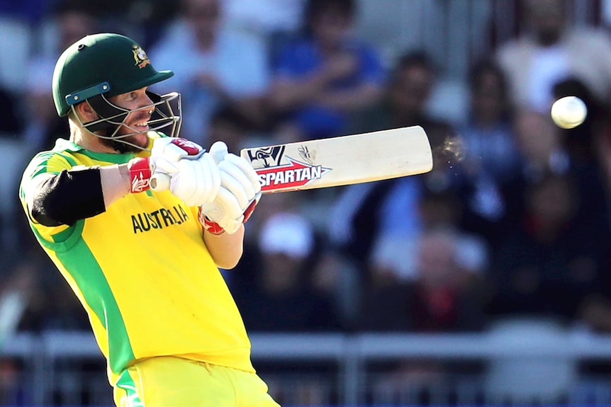 Australian batsman David Warner cuts a ball with his Spartan bat during the Cricket World Cup clash with South Africa.