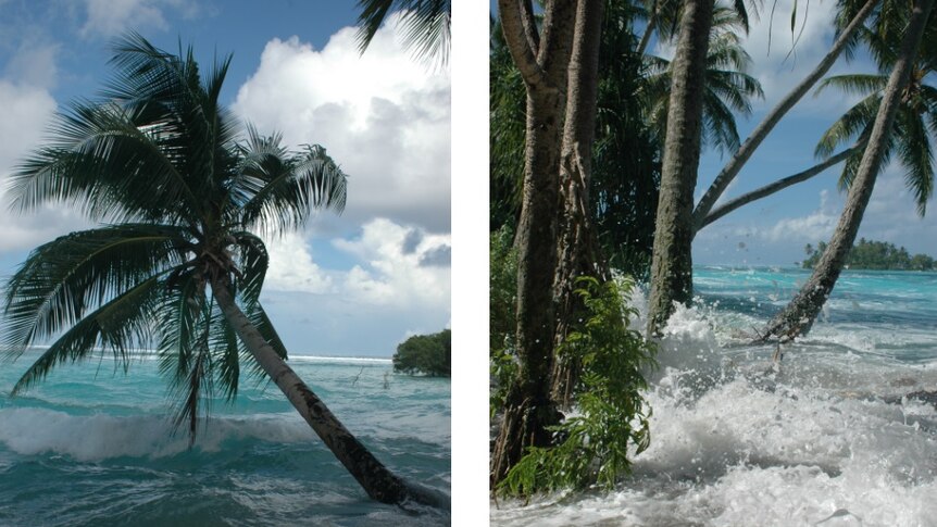 Composite of waves crashing near palm trees on Takuu atoll, Papua New Guinea