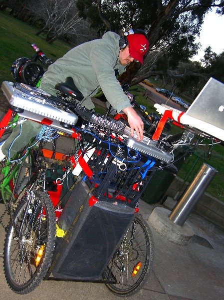 A Rat Patrol bike with DJ deck attached.