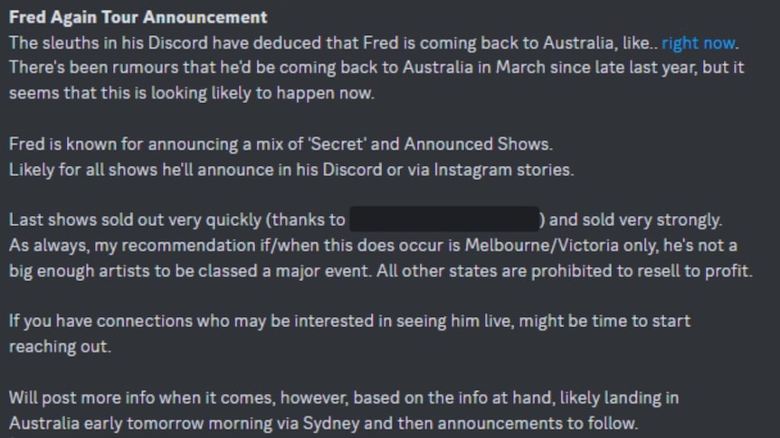 A screenshot of a post on an online platform suspecting Fred again.. would arrive in Australia and announce shows.