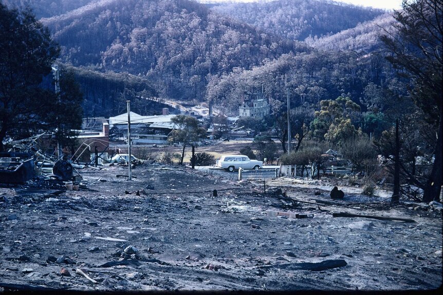 Looking down onto the burnt remains of the Cascade Brewery after the 1967 bushfire