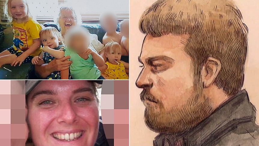 A composite of a court sketch of a man and family photos of smiling women and children.