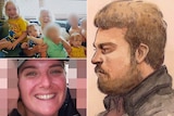 A composite of a court sketch of a man and family photos of smiling women and children.