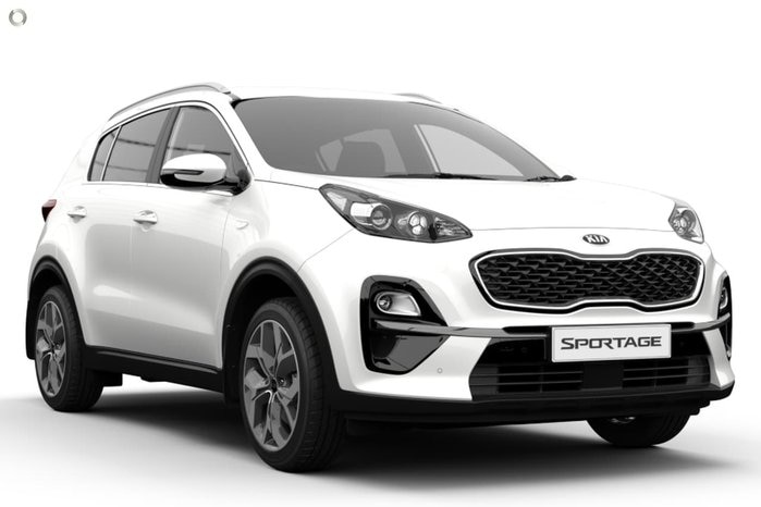 An image of a white medium SUV Kia car against a white background. 