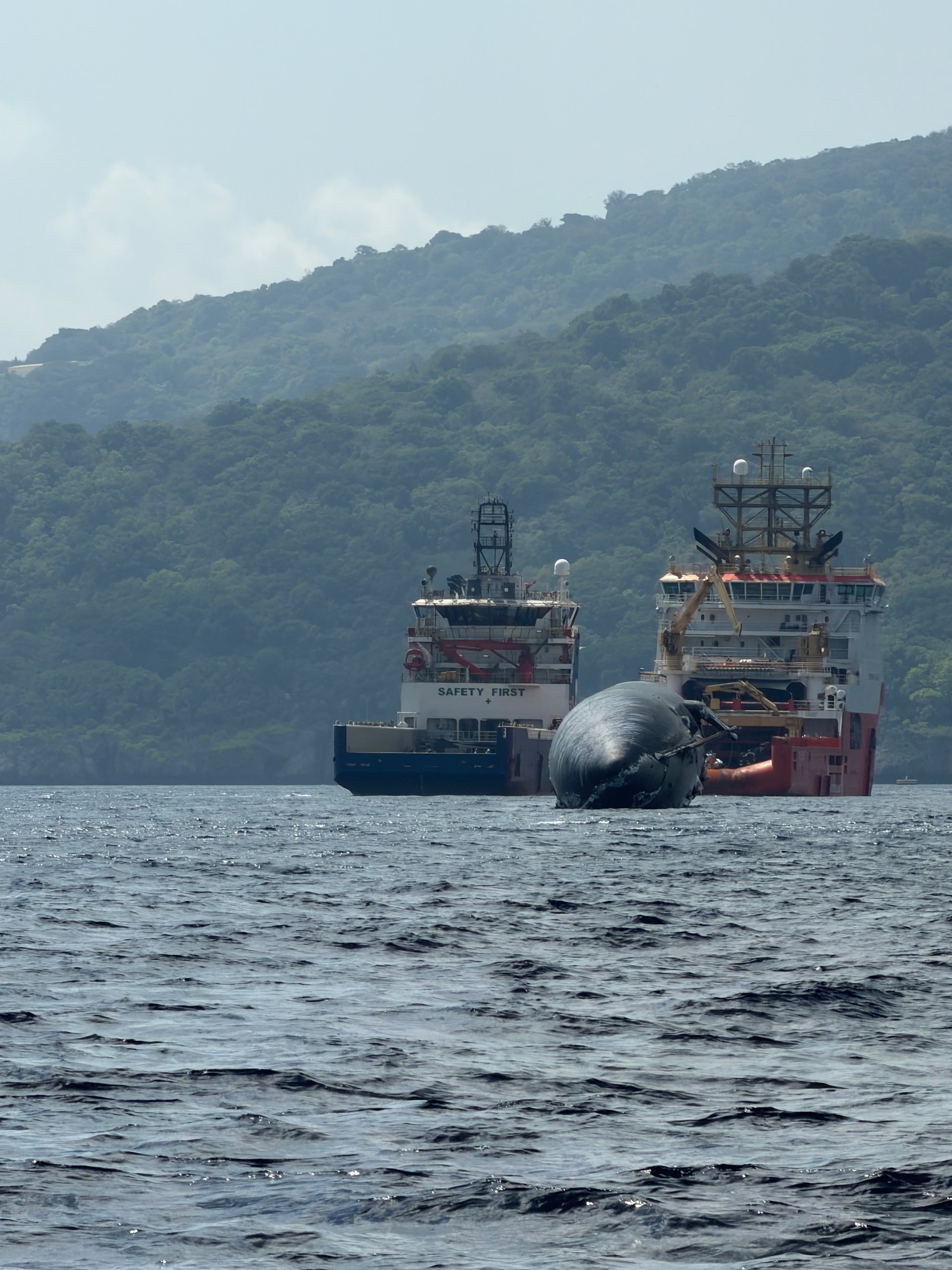 A ship on waters next to suspected space junk.
