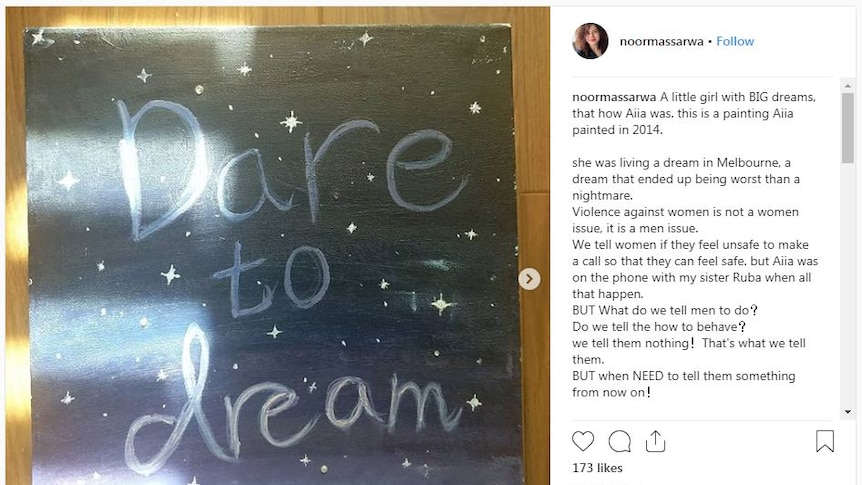 An Instragram post showing a painting with the words "Dare to dream" against a nightsky.