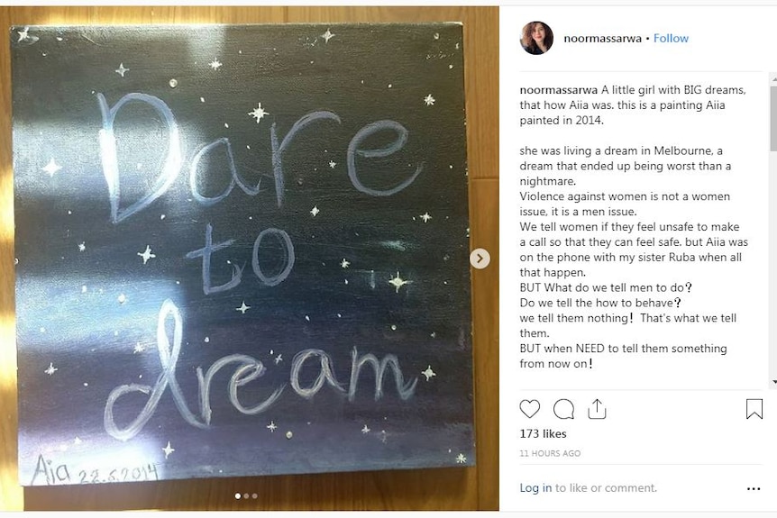 An Instragram post showing a painting with the words "Dare to dream" against a nightsky.