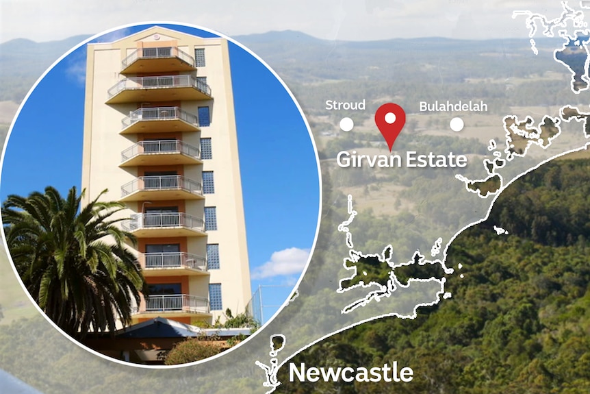 a composite picture of a rural landscape overlaid with a map of the NSW coast, with a inset picture of a 10-storey high house