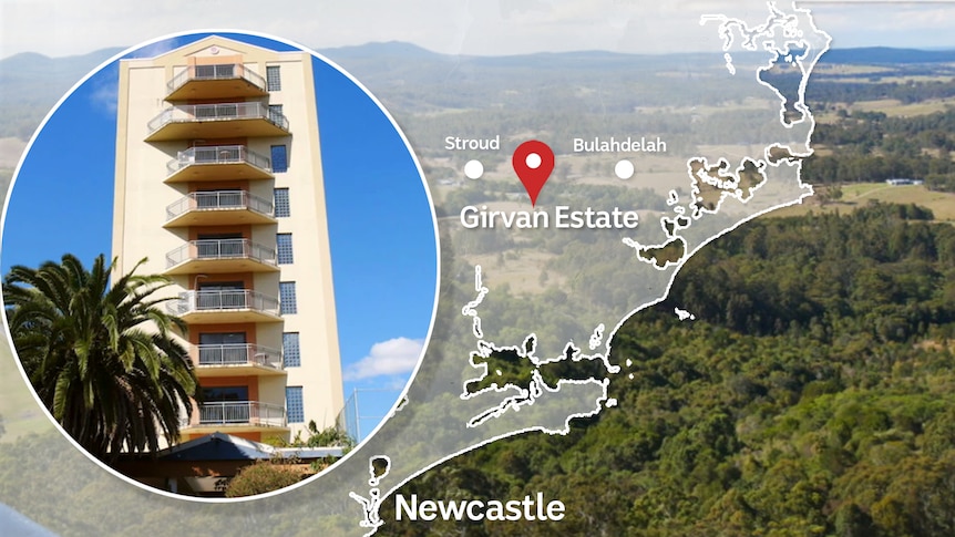 a composite picture of a rural landscape overlaid with a map of the NSW coast, with a inset picture of a 10-storey high house
