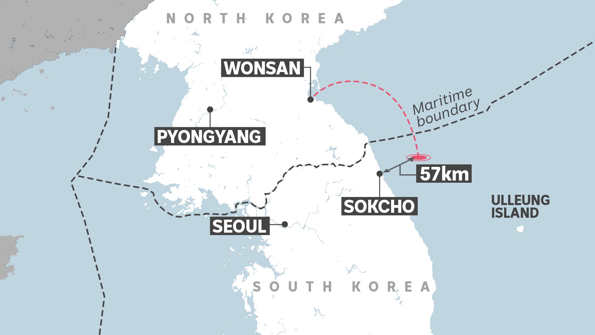 A map showing where one of the missiles crossed the maritime border of North and South Korea
