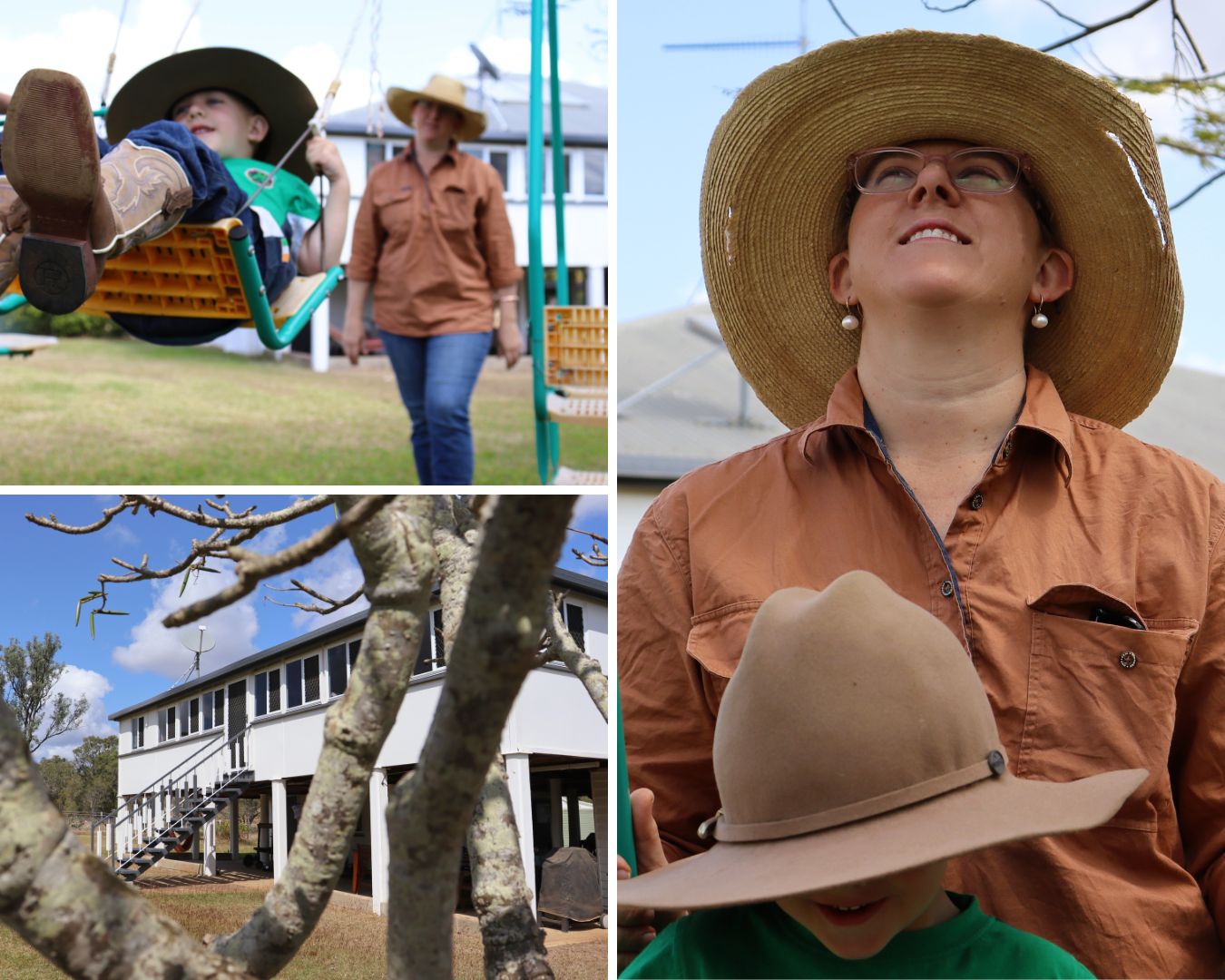 A collage of photos showing a mother and son spending time outside on their rural property.