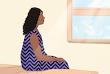 An illustration of an Aboriginal woman wearing a purple dress, sitting on the edge of a bed, looking out a window.