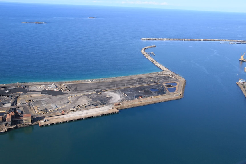 One of the wharves at the Port Kembla terminal from the air.