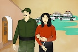 An illustration of a man dressed in an army uniform holding a woman whose arms have been chained.