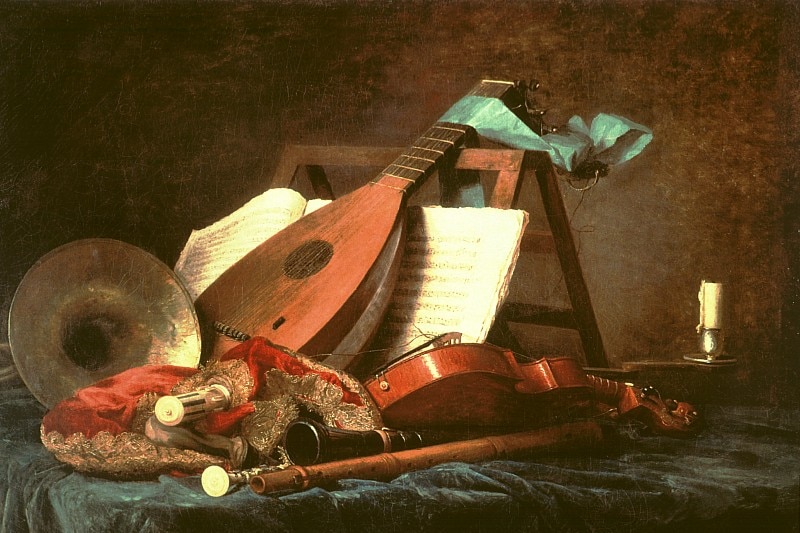 A still life painting of baroque musical instruments including lute, violin, recorders, bagpipes and cymbal, on a table.