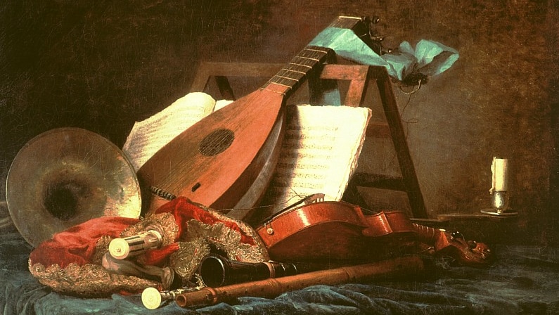 A still life painting of baroque musical instruments including lute, violin, recorders, bagpipes and cymbal, on a table.