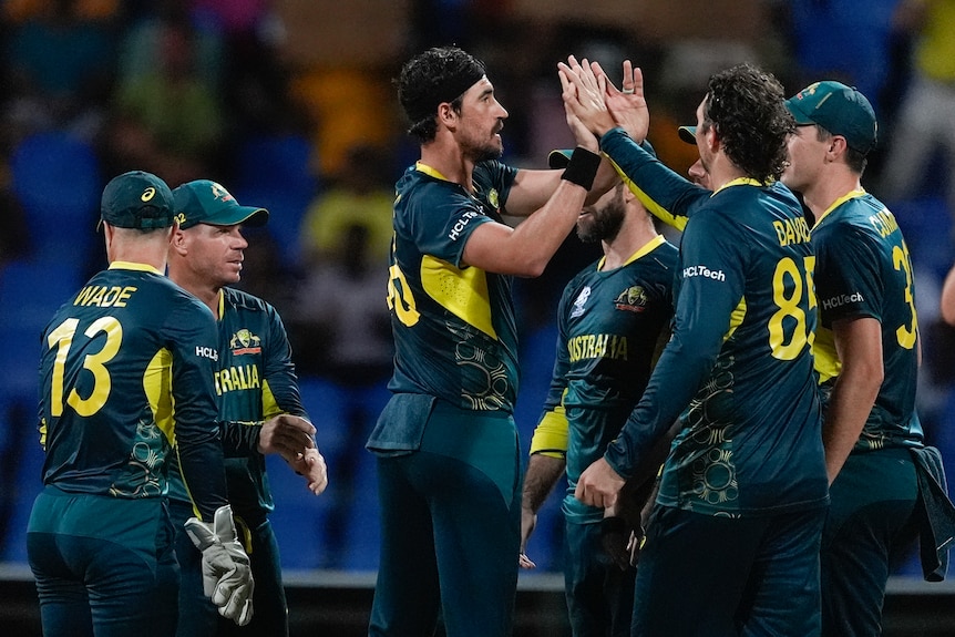 Mitchell Starc high-fives Australia teammates after taking a wicket against Bangladesh at the T20 World Cup.