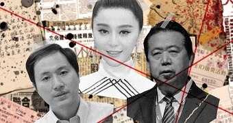 Un collage de He Jiankui, izquierda, Fan Bingbing, centro y Meng Hongwei.