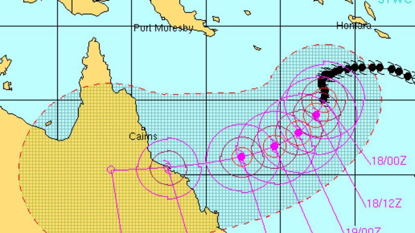 The projected path of Tropical Cyclone Ului as it approaches Queensland