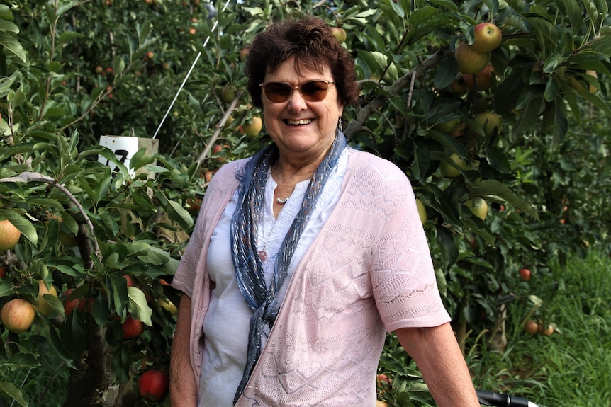 A woman stands infront of a row of red apples 