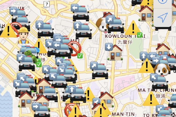 A screen shot shows a map with symbols of cars, houses and dogs.